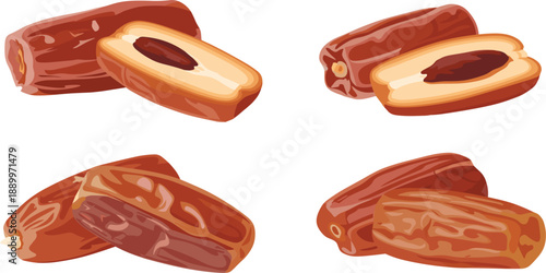 Natural organic dates fruit vector set, with whole and sliced pieces, for healthy snack food design