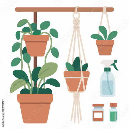 Beautiful indoor garden setup with lush green houseplants in terracotta pots and macrame hangers featuring a misting spray bottle for daily plant care routines.