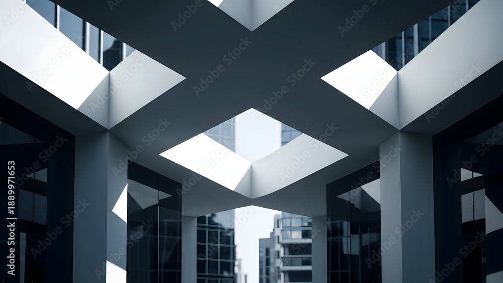 Fototapeta premium Modern architectural interior with geometric skylights and city view