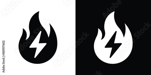 High-energy power icon featuring a lightning bolt inside a fire flame. Represents fast charging, fuel efficiency, thermal energy, and electrical power. Clean black and white vector design.