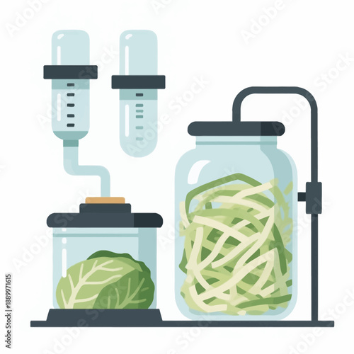 Home fermentation kit featuring glass jars with airlocks and fresh cabbage for making healthy probiotic-rich sauerkraut and fermented vegetables in a kitchen.
