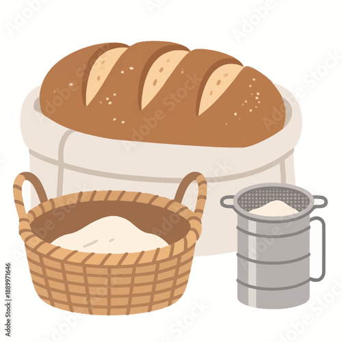 Freshly baked artisan bread loaf in a woven basket next to a bowl of white flour and a metal sifter on a rustic wooden kitchen tabletop background scene.