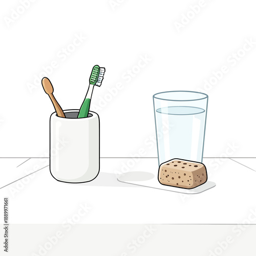 Bathroom counter setup with a white ceramic cup holding two toothbrushes next to a glass of water and a small bar of natural soap on a clean surface.