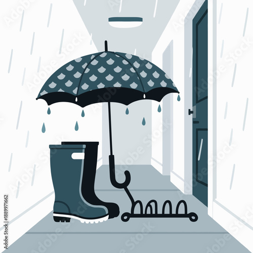A hallway scene featuring an open polka-dot umbrella and dark blue rain boots placed on a floor mat near a doorway during a rainy day indoors at a home.