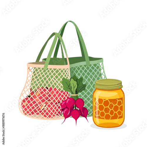 Eco-friendly reusable mesh shopping bag filled with fresh red apples and radishes next to a jar of golden honey for sustainable and healthy grocery shopping.