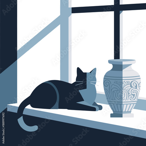 Silhouette of a graceful black cat sitting on a bright windowsill next to a patterned ceramic vase under soft natural light from a window in a cozy house.