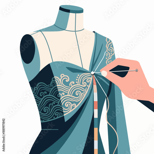 A skilled fashion designer uses a needle and thread to carefully sew intricate embroidery onto a blue dress displayed on a mannequin in a creative studio.