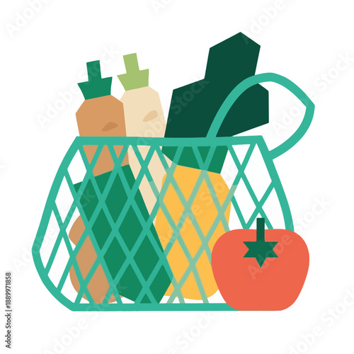 A green reusable mesh grocery bag filled with fresh vegetables like carrots and tomatoes highlights a sustainable and healthy approach to daily food shopping.