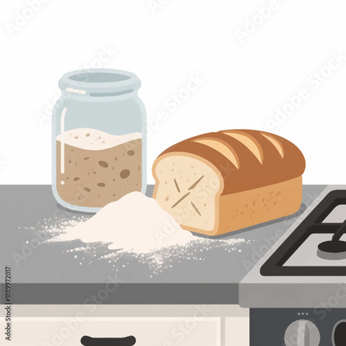 Freshly baked loaf of bread with a jar of ingredients and flour on a kitchen counter, showcasing home baking and culinary skills in a warm domestic setting.