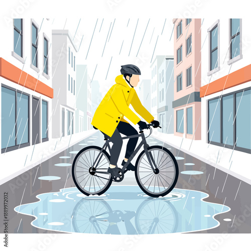 Urban cyclist wearing a bright yellow raincoat riding a bike through city streets during a rainy day, showing sustainable transportation and active lifestyle.