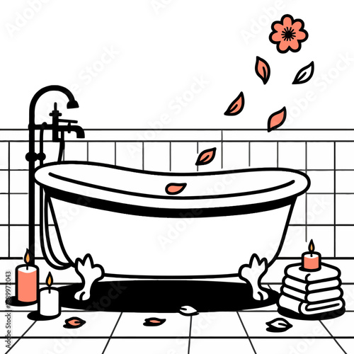 Relaxing bathroom setting featuring a classic clawfoot bathtub with burning candles and flower petals for a spa-like wellness experience at home during evening.