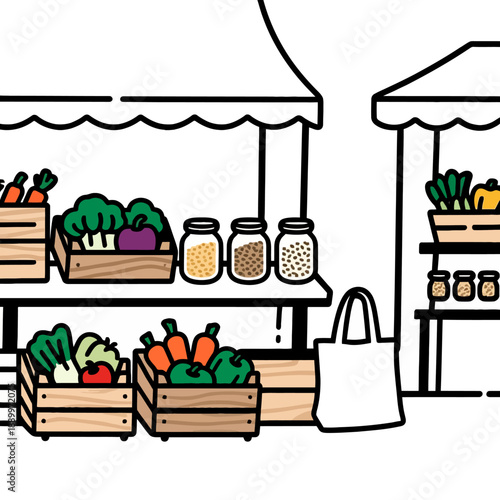 A minimalist line art illustration of a vibrant outdoor farmer's market stall featuring fresh organic vegetables in crates and a sustainable eco-friendly tote bag.
