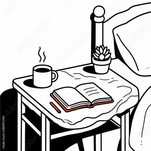 Relaxing night time bedside table scene with an open book, a warm cup of coffee, and a small potted cactus next to a cozy bed for a peaceful evening of reading.