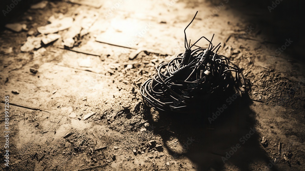 Fototapeta premium A tangled mess of disconnected power cords and wires piled on a dusty, textured floor creating a chaotic scene symbolizing disuse and neglect