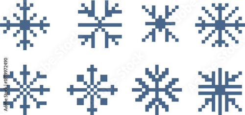 Pixel art blue snowflake vector set, with various geometric crystal shapes, for winter and holiday design