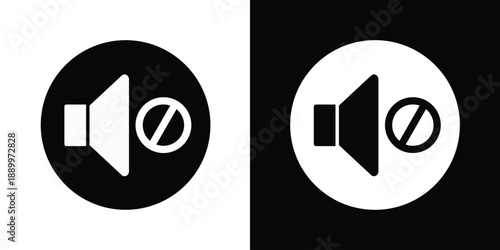 Minimalist mute audio icon featuring a speaker symbol with a prohibition sign inside a circle. Clean black and white vector design for digital interfaces and volume control settings.