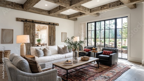 Wallpaper Mural A living room features a large sofa and two chairs. Wooden beams support the ceiling. Big windows show a view of the garden outside. Lamps provide light in the space. Torontodigital.ca