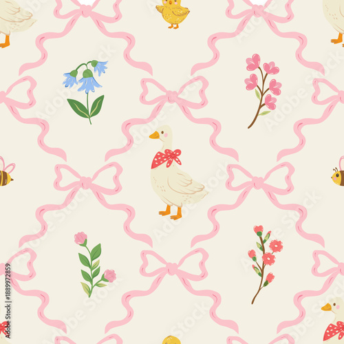 Cute seamless pattern with bows, flowers and goose. Spring summer print. Vintage illustration for fabric, wallpaper or wrapping paper.
