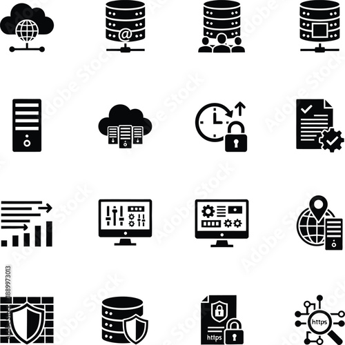 Professional hosting services icon set featuring cloud computing, global network server, data security, system monitoring, and database administration symbols in clean flat black vector style.