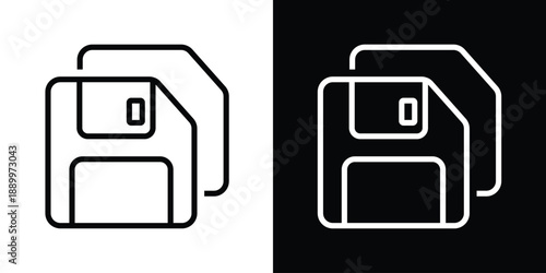 Two stacked floppy disk icons in outline style. Symbolizes data backup, multiple file storage, and retro computer technology. Minimalist vector illustration.