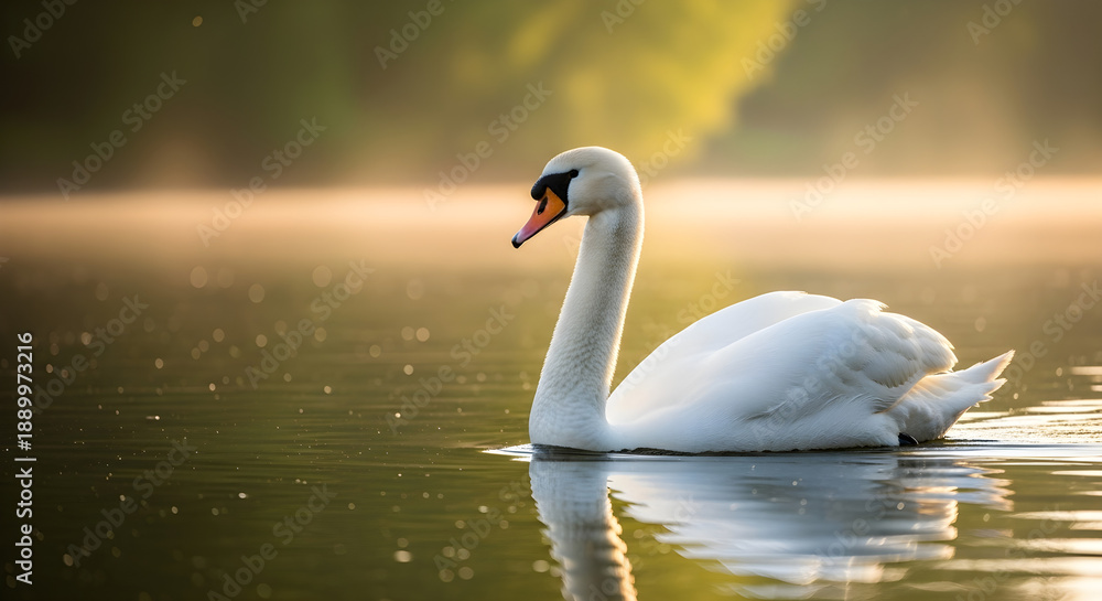 Obraz premium A majestic white swan gracefully glides across the tranquil waters of a misty lake, bathed in the soft golden glow of dawn, creating a serene and captivating natural scene