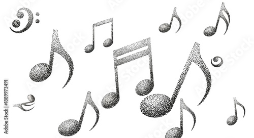 Stippled Musical Notes and Bass Clef Symbol Scattered on White Background