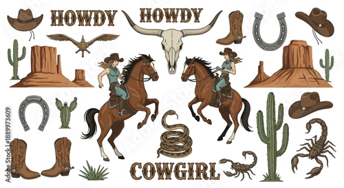 Wild West Cowgirl Rodeo Collection with Horse, Skull, Cactus, and Boots