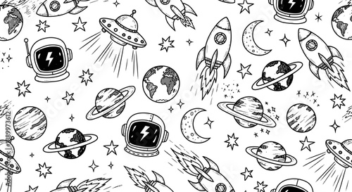 Seamless Pattern of Space Elements: Rockets, Planets, Astronauts, UFOs, and Stars