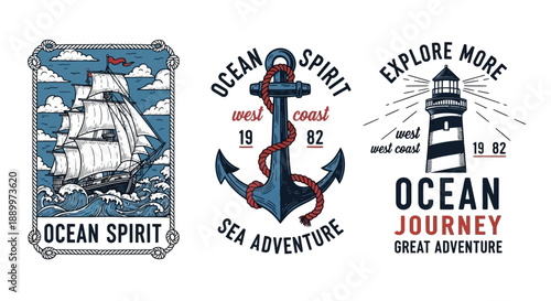 Nautical Voyage Vintage Graphics Set: Ship, Anchor, Lighthouse for Ocean Adventure Themes