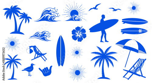 Collection of Blue Beach and Summer Icons: Palm Trees, Waves, and Surfboards