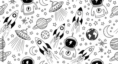 Cute Space Themed Doodle Pattern with Rockets, Astronauts, Planets, and Stars