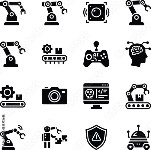 Robotics Icon Set, Industrial Automation and Artificial Intelligence Symbols, Robotic Arm, Factory Machine, Smart Technology, AI Robot, Engineering, Manufacturing, Flat Vector Graphic Icons