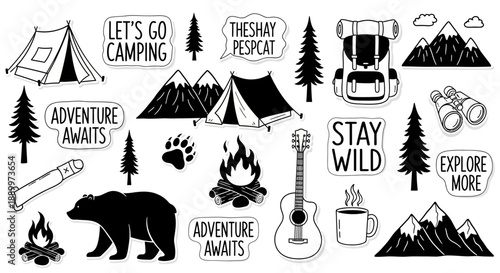 Camping Adventure Sticker Pack: Bear, Mountains, Tents, Guitar, and More