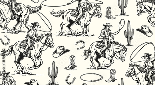 Retro Western Cowboy Rodeo Pattern with Horses, Cacti, and Boots - Vintage Illustration