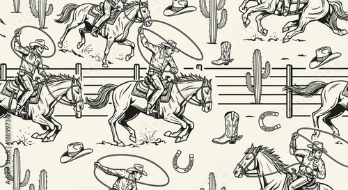 Retro Cowboy and Horse Pattern with Lasso, Boots, Hats, and Cacti
