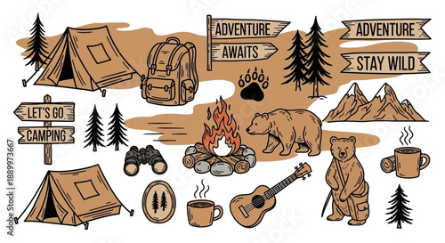 Camping Adventure Elements: Tents, Bears, Campfire, Mountains, and Musical Instruments