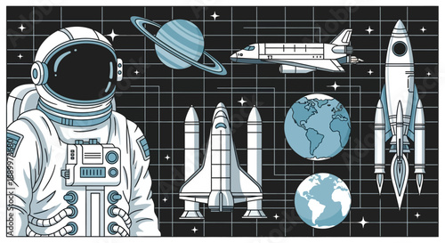 Astronaut in Space with Spaceships, Planets, and Earth Illustration