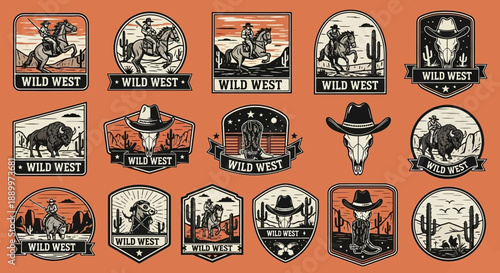 Wild West Collection: Cowboys, Buffalo, and Skull Icons on a Retro Background