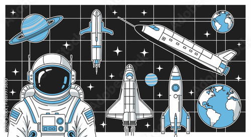 Astronaut and Spacecraft in Outer Space with Planets and Stars