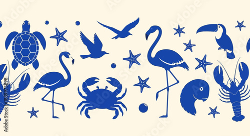 Seamless Blue Nautical Wildlife Border: Turtles, Flamingos, Crabs, Lobsters, Toucans, and Seagulls
