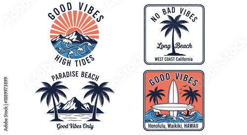 Retro Sunset Beach Vibes with Palm Trees, Waves, and Mountains Vector Art