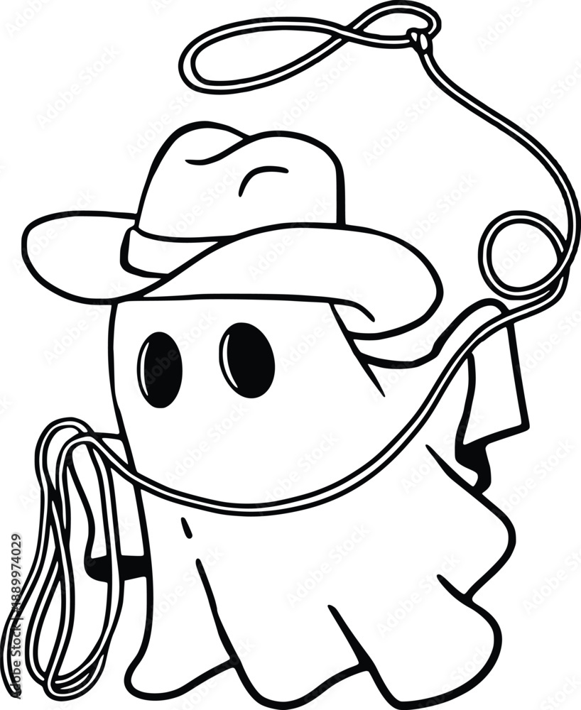 Fototapeta premium Cute Ghost Cowboy with Lasso Hand Drawn, Vintage Western Halloween Vector Illustration