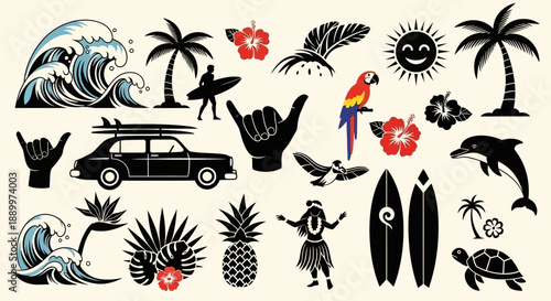Hawaiian Tropical Aloha Icons and Symbols - Surfing, Beach, and Palm Tree Collection