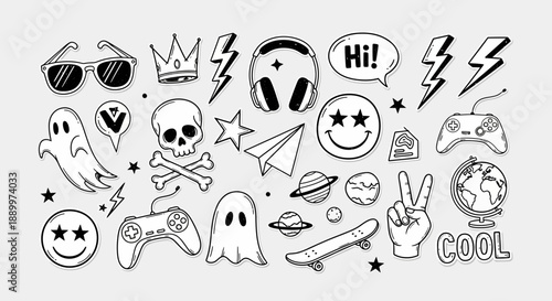 Cool Doodle Stickers: Ghosts, Skulls, Planets, Games, and More Vector Icons