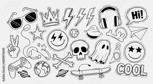Cool Doodle Icons Collection: Skateboard, Skull, Ghost, Crown, Headphones, and Game Controller