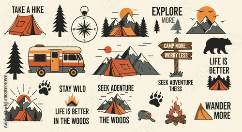 Adventure and Travel Camping Icons with Mountains, Tents, and RV for Outdoor Lifestyle
