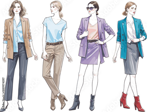 Hand drawn fashionable women vector set, with stylish casual and business outfits, for modern clothing design