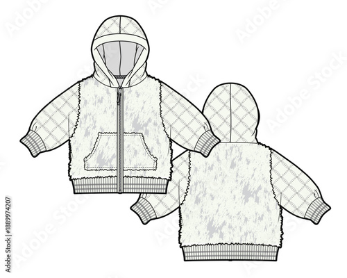 Baby fleece jacket vector mockup template technical technical line drawing.