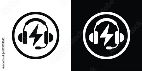 Headset with microphone and lightning bolt icon inside a circle. Represents gaming power, fast communication, and high-performance audio. Modern black and white vector design.