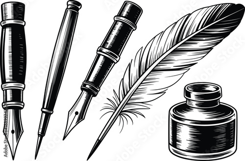 Vintage Calligraphy Pens Feather Ink Line Art.